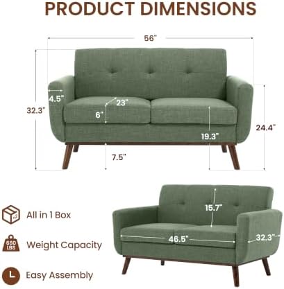 56" Small Loveseat Sofa Mid Century Modern Mini Love Seat - Image 2