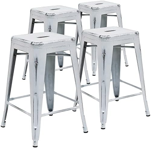 Flash Furniture Kai Commercial Grade 4 Pack 24" High Backless Distressed White by FlashFurniture