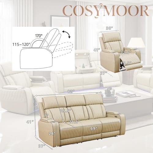 Power Reclining Sofa Set with LED Light, Khaki Leather Sectional Sofa and Chair - Image 2