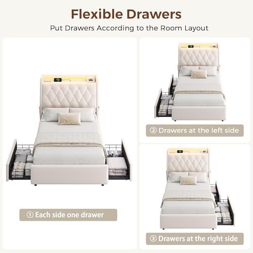 Twin LED Velvet Bed Frame with 2 Storage Drawers&Hidden Headboard, Upholstered - Image 6