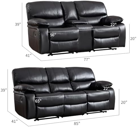 EBELLO Faux Leather Manual Reclining Sofa Set, 2-Seat Loveseat and 3-Seat Sofa - Image 2
