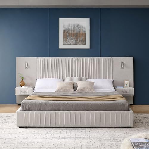 King Size Bed Frame with LED Lights and Nightstands, Modern Chenille - Image 3