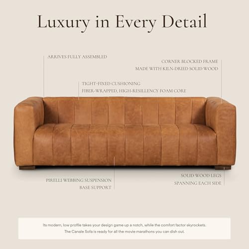 POLY & BARK Canale Sofa – 86" Channel-Tufted Italian Leather Couch – Cognac Tan - Image 5