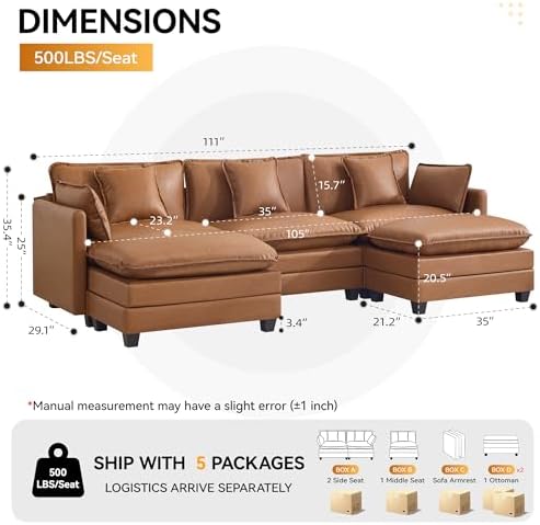 111'' Sectional Cloud Deep Seat Couch, Oversized Leather U Shaped Sectional Sofa - Image 2