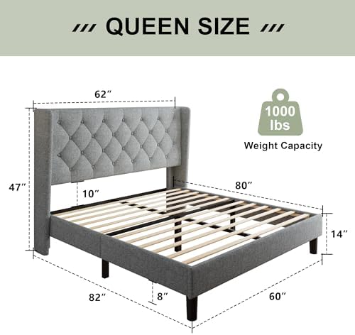 Feonase Queen Bed Frame with Upholstered Wingback Headboard, Platform Bed and - Image 2