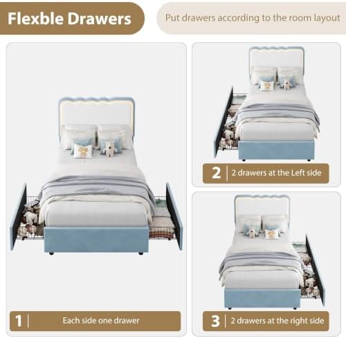 IDEALHOUSE Twin LED Bed, 2 Drawer Trundle, Light Blue Wave Headboard - Image 6