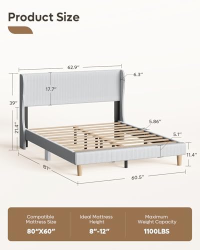Bestier Queen Bed Frame with Wingback Headboard, Upholstered, Light Grey - Image 2