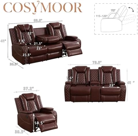 Power Recliner Sofa Set with LED, Breathing Leather Electric Reclining Couch - Image 2