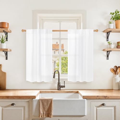 YoungsTex White Linen Kitchen Window Curtains 36 Inch Length Over Sink by YoungsTex