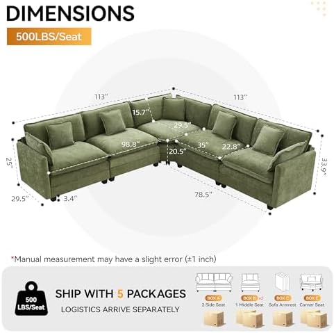 113'' V Shaped Cloud Sectional Sofa, Oversized Deep Seat Couches - Image 2