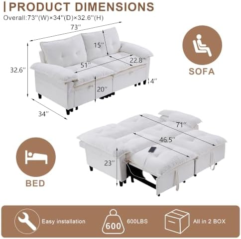 73" Sleeper Sofa Bed Full, Pre-Assembled Velvet Pull Out Sofa - Image 2