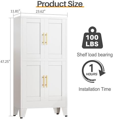 47” White Metal Bathroom Storage Cabinet, Kitchen Pantry Cabinet - Image 2
