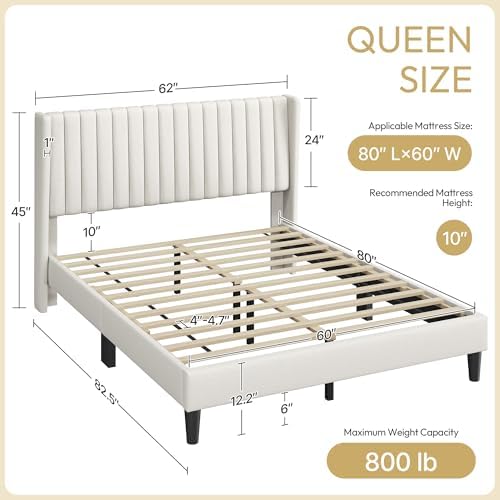 Yaheetech Queen Bed Frame with Headboard, Ivory Channel-Tufted Platform - Image 2