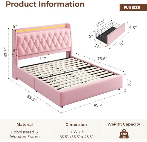 Full LED Velvet Bed Frame with 2 Storage Drawers&Hidden Headboard, Upholstered - Image 2