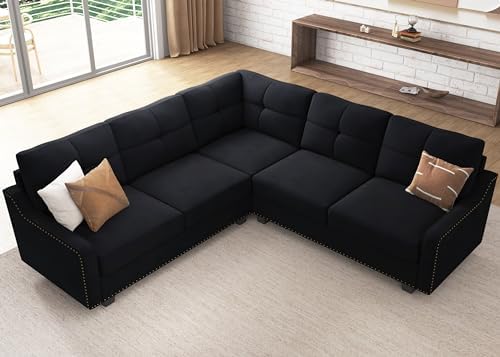 HONBAY Convertible Sectional Sofa L Shaped Couch, Velvet Black - Image 4