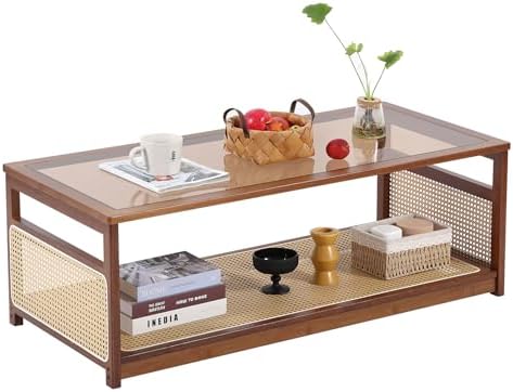 Tiita Large Bamboo Rectangle Coffee Table, Glass Top, Rattan Storage by TiitaHome