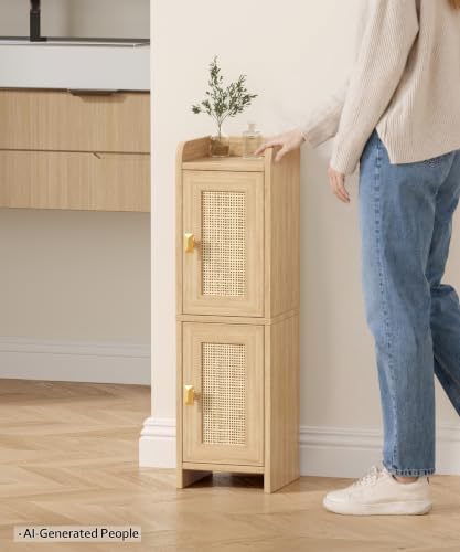 Akxomel Rattan Small Bathroom Cabinet Narrow Toilet Paper Organizer Oak - Image 3