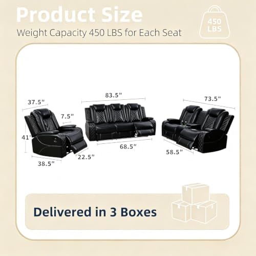 3-Piece Power Recliner Sofa Set, 2 Reclining Sofas & Recliner Chair - Image 2