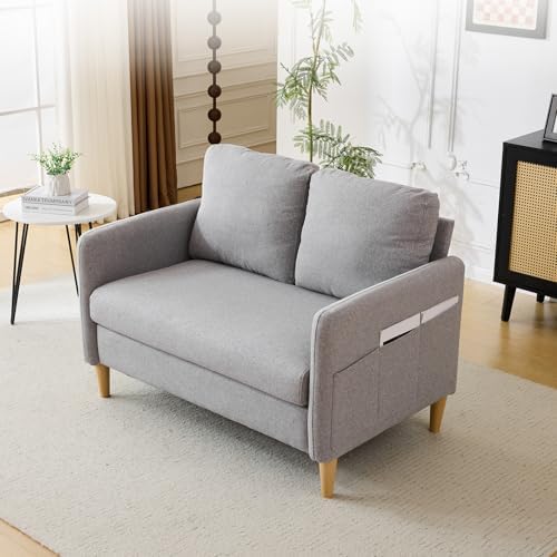 VINGLI 47" Small Couch, Linen Loveseat Sofa Light Grey Mini Couch Mid Century by VINGLI