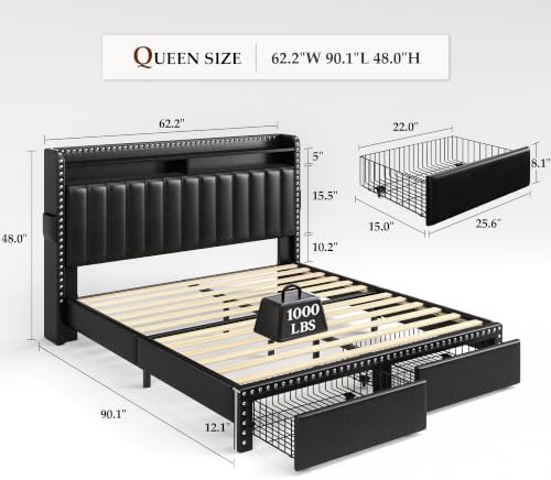 EnHomee Queen Bed Frame with 2 Drawers & 2-Tier Storage Headboard - Image 2