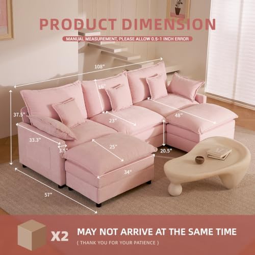 GOSUHI 108" U-Shaped Modular Cloud Couch, Deep Seat, Chenille Pink - Image 2