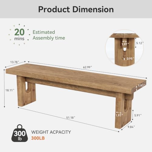 63" Solid Wood Bench, Extra Long Farmhouse Dining Bench - Image 2