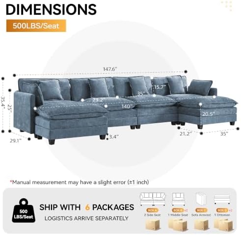 147'' U Shaped Sectional Cloud Couch, Modular Sofas - Image 2