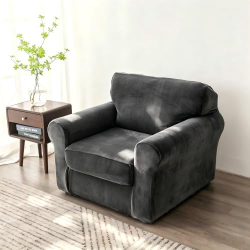 Luxury Velvet Sofa Covers for 1 Cushion Couch, Dark Grey by HOMECOVER