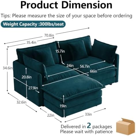 70.8” Loveseat with Ottoman, Deep Seat L Shaped Cloud Couch - Image 2