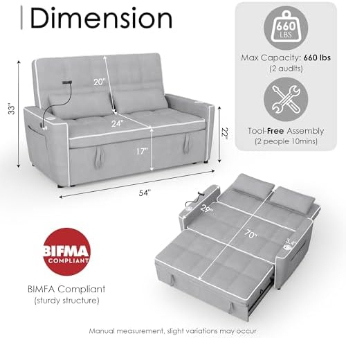 54'' Sleeper Sofa, Convertible Sofa Bed - Image 2