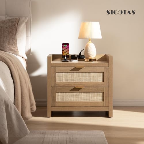 SICOTAS Night Stand with 2 Large Drawers : Rattan Bedside Table - Image 5