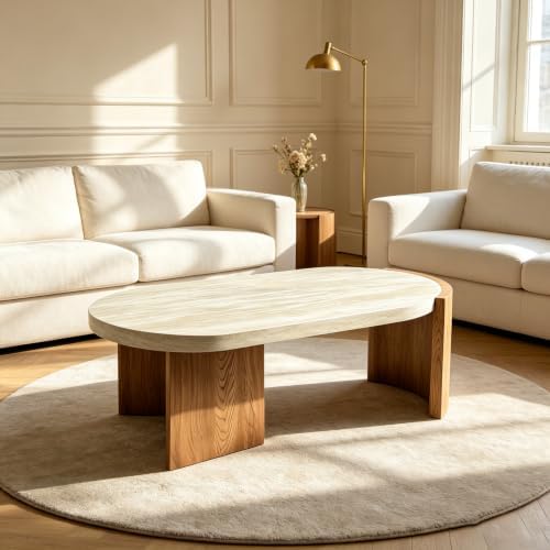 48" Faux Travertine Oval Coffee Table by Unknown