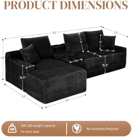 95" L Shaped Cloud Couch Modular Sectional Sofa, Comfy Fluffy Corduroy Black - Image 2
