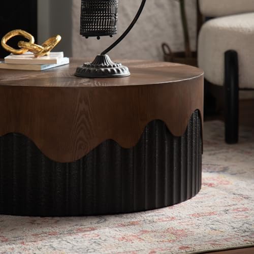 30.31" Round Coffee Table Handcrafted Relief Sturdy Pedestal Wooden Tea Table - Image 6