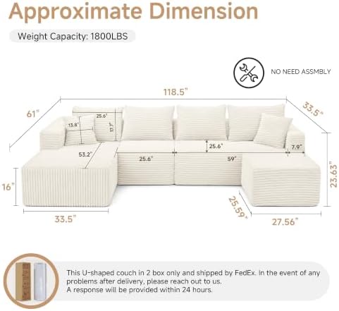 118" U-Shaped Modular Sectional Sofa, Corduroy Cloud Couch - Image 2