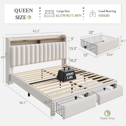 EnHomee Queen Bed Frame with 2 Drawers & 2-Tier Storage Headboard Shelf - Image 2