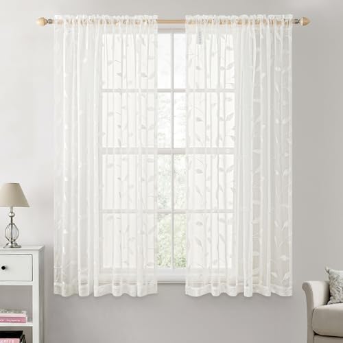 MIULEE Ivory Sheer Curtains 2 Panels Embroidered Leaf Patterned, W52 x L63 - Image 2