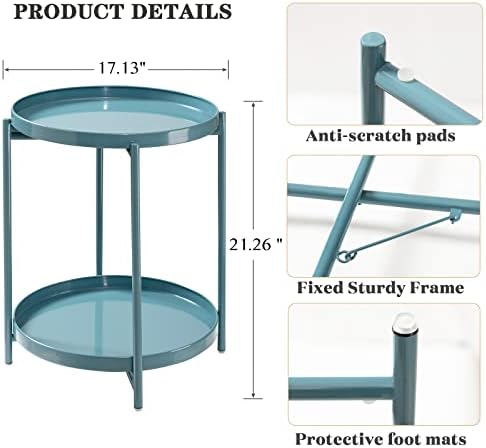 TeoKJ 2 Tier Round Side Table, Folding Round Metal End Table Small Nightstand - Image 3