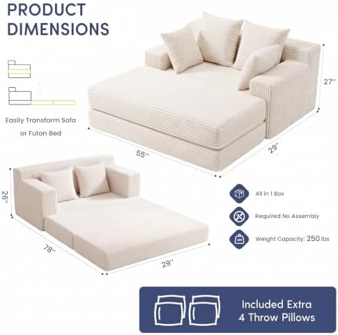 Convertible Sofa Bed with Ottoman, Small Boneless Loveseat Couch - Image 2