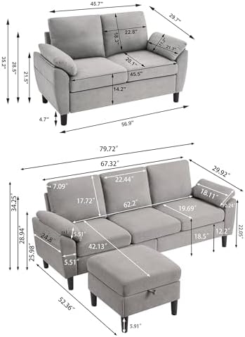 Convertible Sectional Sofa Set, Linen 3 Seater Sofa and Loveseat Set - Image 2