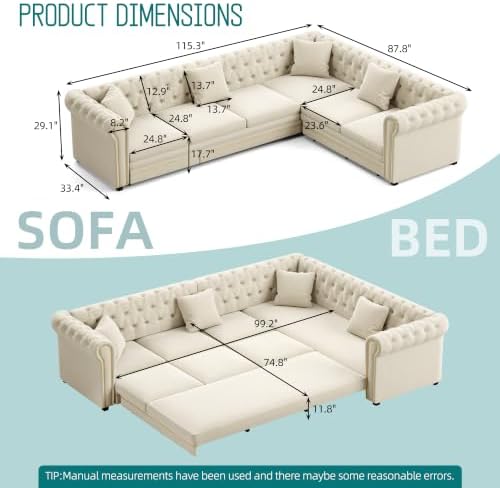 115.3" Sleeper Sofa Bed King Size, Velvet Sectional Couch Gold Trim - Image 2