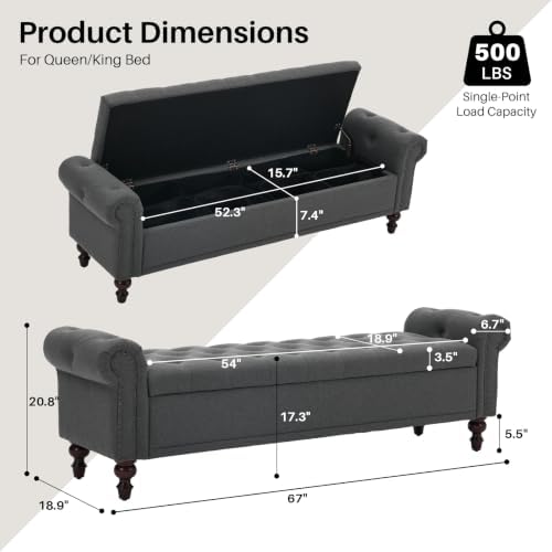 SOFTHION 67" Storage Bench for Bedroom, Linen Upholstered, Dark Grey - Image 2