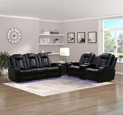 Power Recliner Set with LED Lights, Quilted Air Leather Reclining Set with USB by Unknown