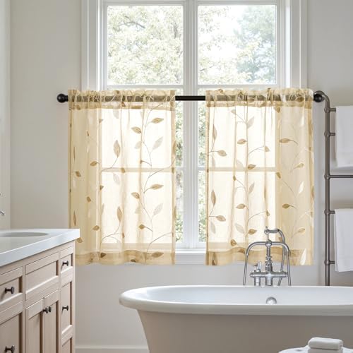MIULEE Beige Sheer 30x36 Inches Length 2 Panels Embroidered Leaf Patterned - Image 7