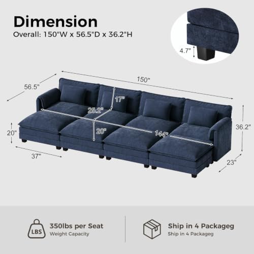 ELUCHANG 153" Oversized Modular Sectional Sofa, Comfy Chenille Cloud Couch - Image 2