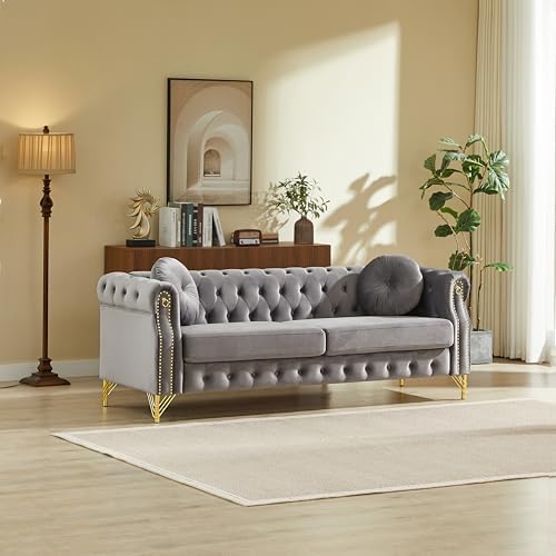 82" 3-Seater Grey Velvet Chesterfield Sofa by Unknown