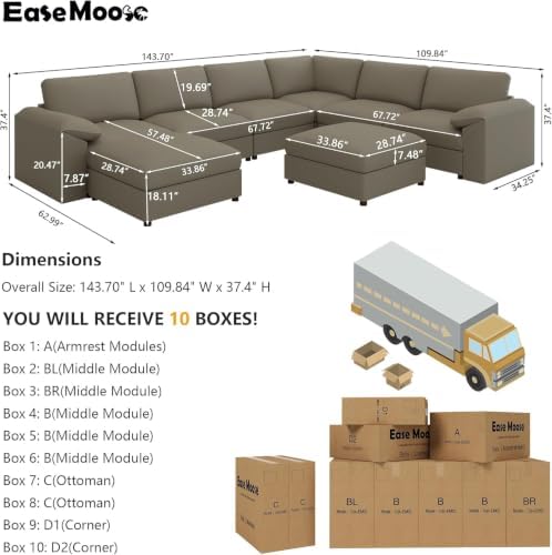 EASE MOOSE Sectional Couches for Living Room, U Shaped Sofa, Light Grey - Image 2