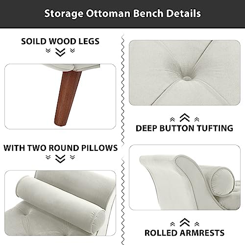End of Bed Storage Bench for Bedroom, Upholstered Rolled Armed Button Tufted - Image 5