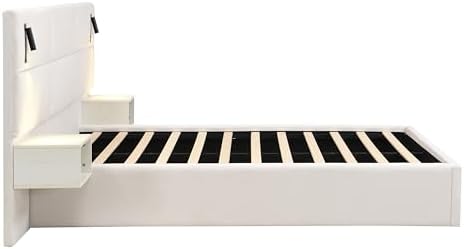 Queen Size Bed Frame with LED Lights and Floating Shelves, Modern Chenille - Image 5