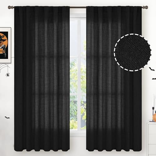 YoungsTex Black Linen Semi Sheer Curtains 52 X 63 Inch Length 2 Panels by YoungsTex